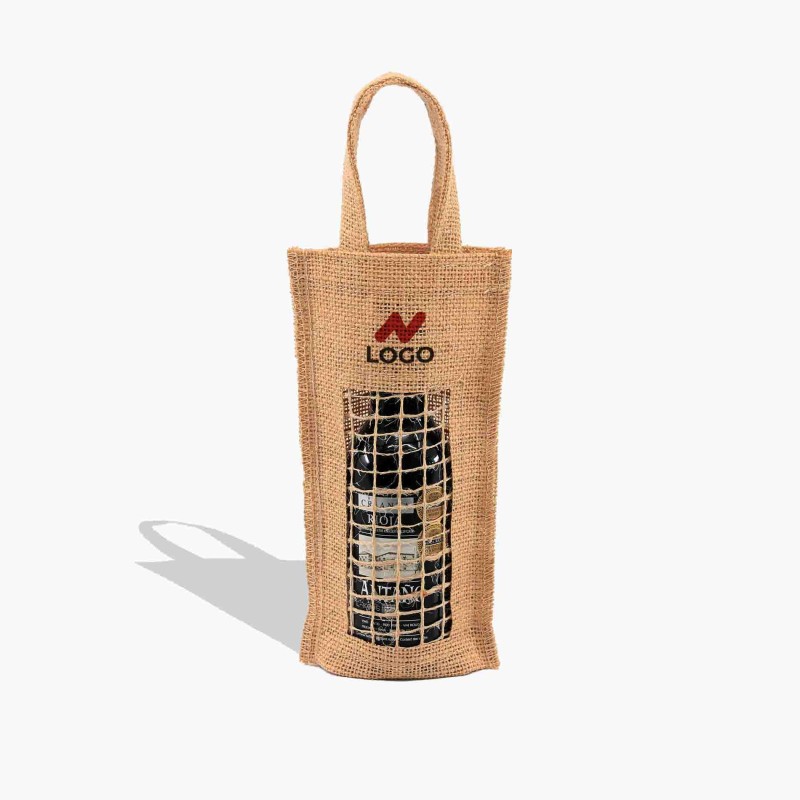 Bolsas de tela de yute para botellas personalizada con ventana de rejilla