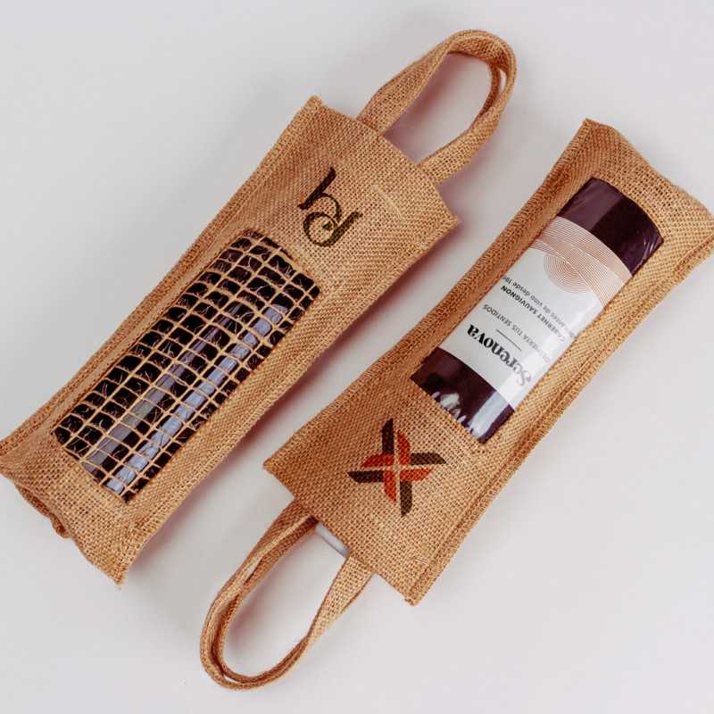Bolsas de tela de yute para botellas personalizada con ventana de rejilla