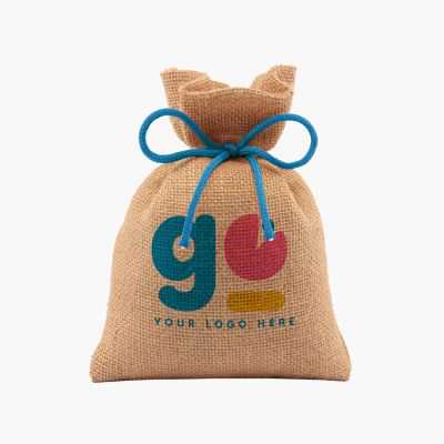 Personalised jute bag with coloured strings and loose closure