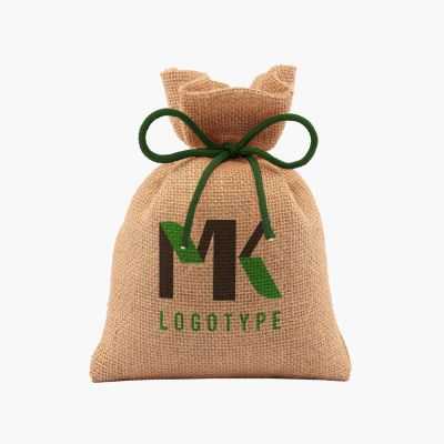 Personalised jute bag with coloured strings and loose closure