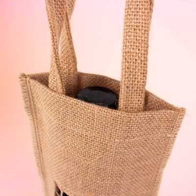 Personalised jute bottle bag with grille window