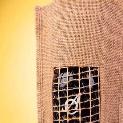 Personalised jute bottle bag with grille window